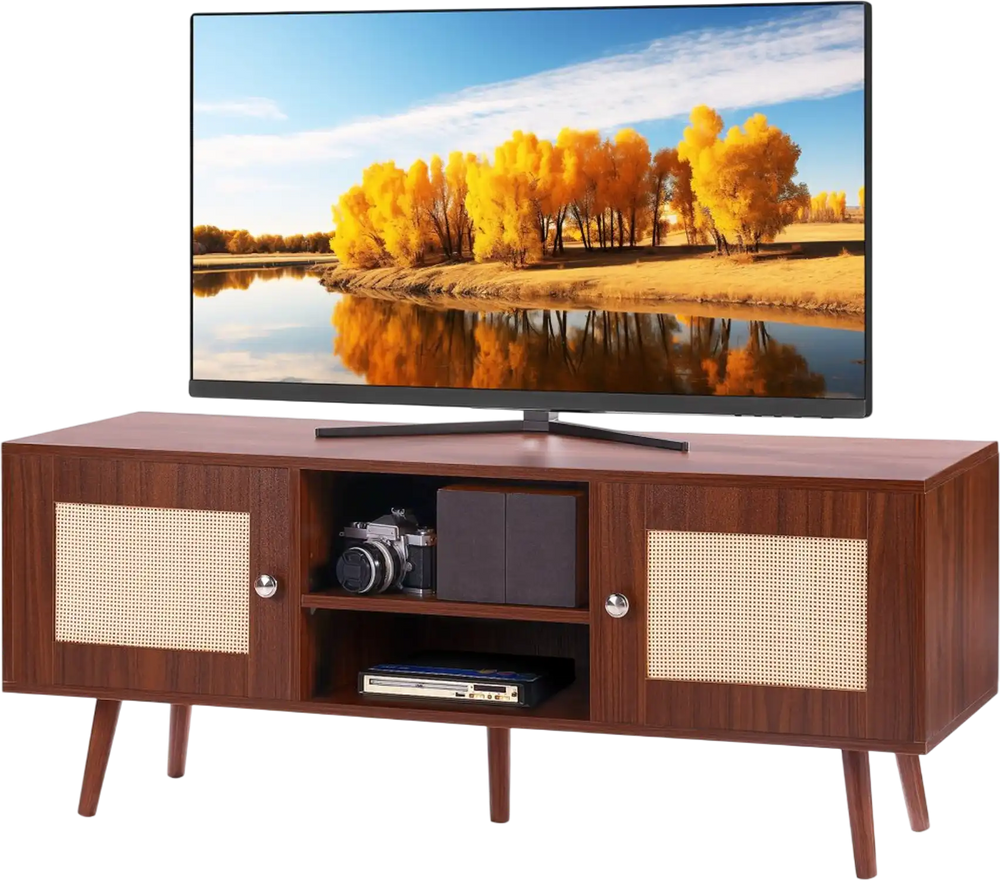 VEVOR Rattan TV Stand, Boho TV Cabinet for 55 inch TV, Mid Century Modern TV Stand, Rattan TV Console with Adjustable Shelfs for  Living Room, Media Room, Walnut
