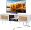 VEVOR Rattan TV Stand for 65 inch TV, Boho TV Stand with Rattan Door, Entertainment Center with Build-in Socket and USB Ports, Modern TV Console for Living Room, Media Room, White