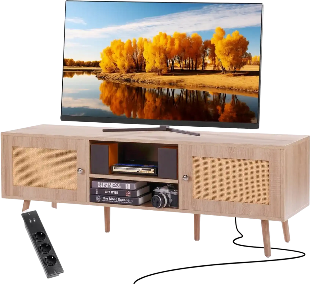 VEVOR Rattan TV Stand, Mid Century Modern TV Stand for 65 inch TV, Boho Rattan TV Cabinet with Build-in Socket and USB Ports, Adjustable Shelfs for Living Room, Media Room, Oak
