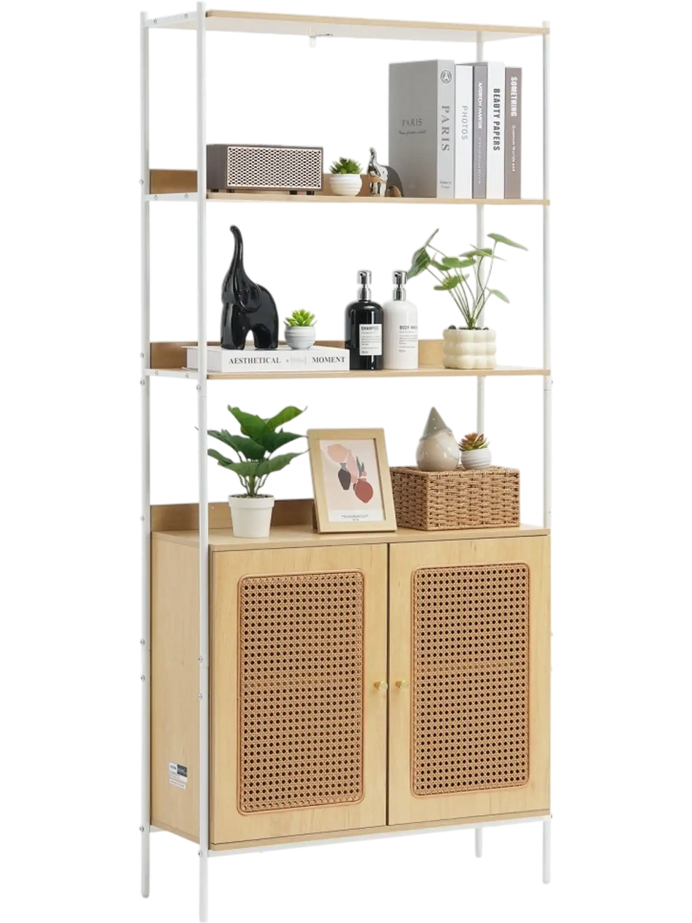 VEVOR Rattan Bookshelf, Ladder Shelf with 2 Doors, Rectangle Freestanding Open Storage Bookcase Rack Organizer, Storage Display Shelves Ideal for Library, Meeting Room, Office, Study, Natural