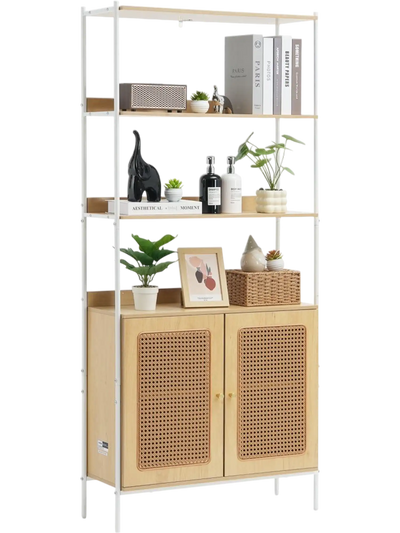 Vevor Bookshelf Rattan Ladder Shelf with 2 Doors Natural New