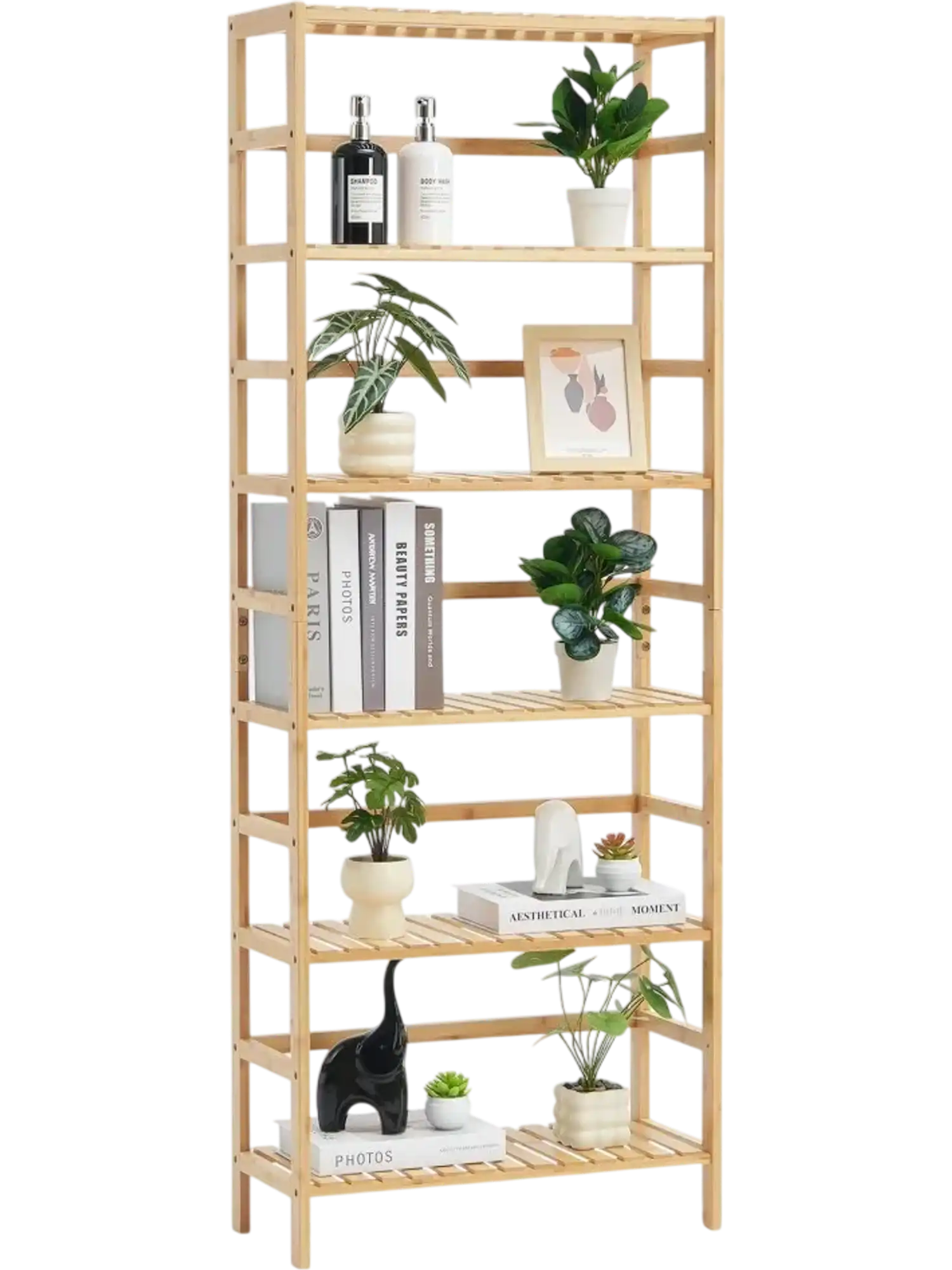 Vevor Bookshelf 6-Tier Bamboo Ladder Bookcase Storage Rack Natural New