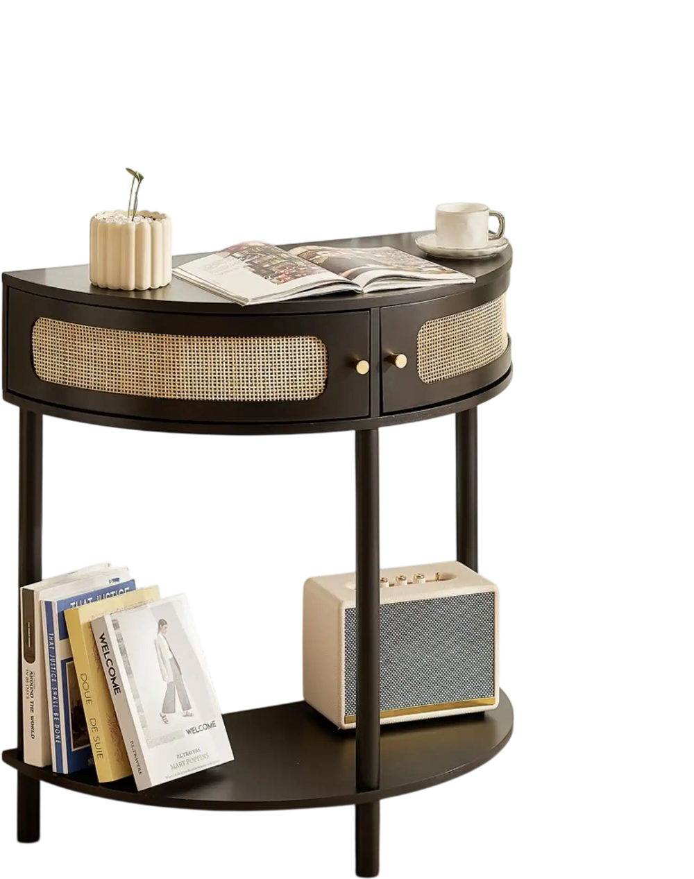 VEVOR Half-moon Rattan Console Table with 2 Drawers, Rattan Entryway Table with Natural Rattan Sliding Door, Console Table with Storage for Living Room, Study, Entryway Or TV Wall, Black