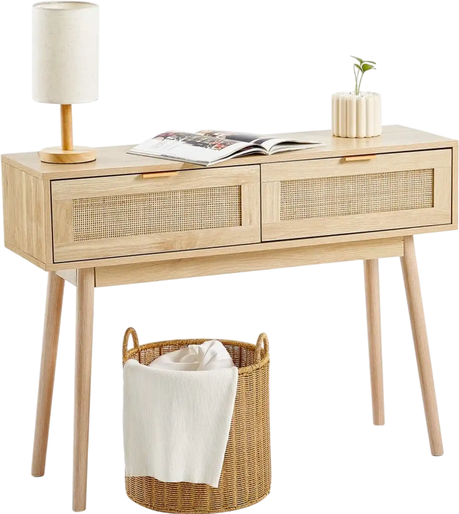 Vevor Console Table Rattan Entryway Sofa Table with 2 Storage Drawers Natural New