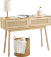 VEVOR Rattan Console Table with 2 Storage Drawers, Rattan Entryway Table with Natural Rattan Sliding Door, Console Sofa Table for Living Room, Study, Entryway Or TV Wall, Natural