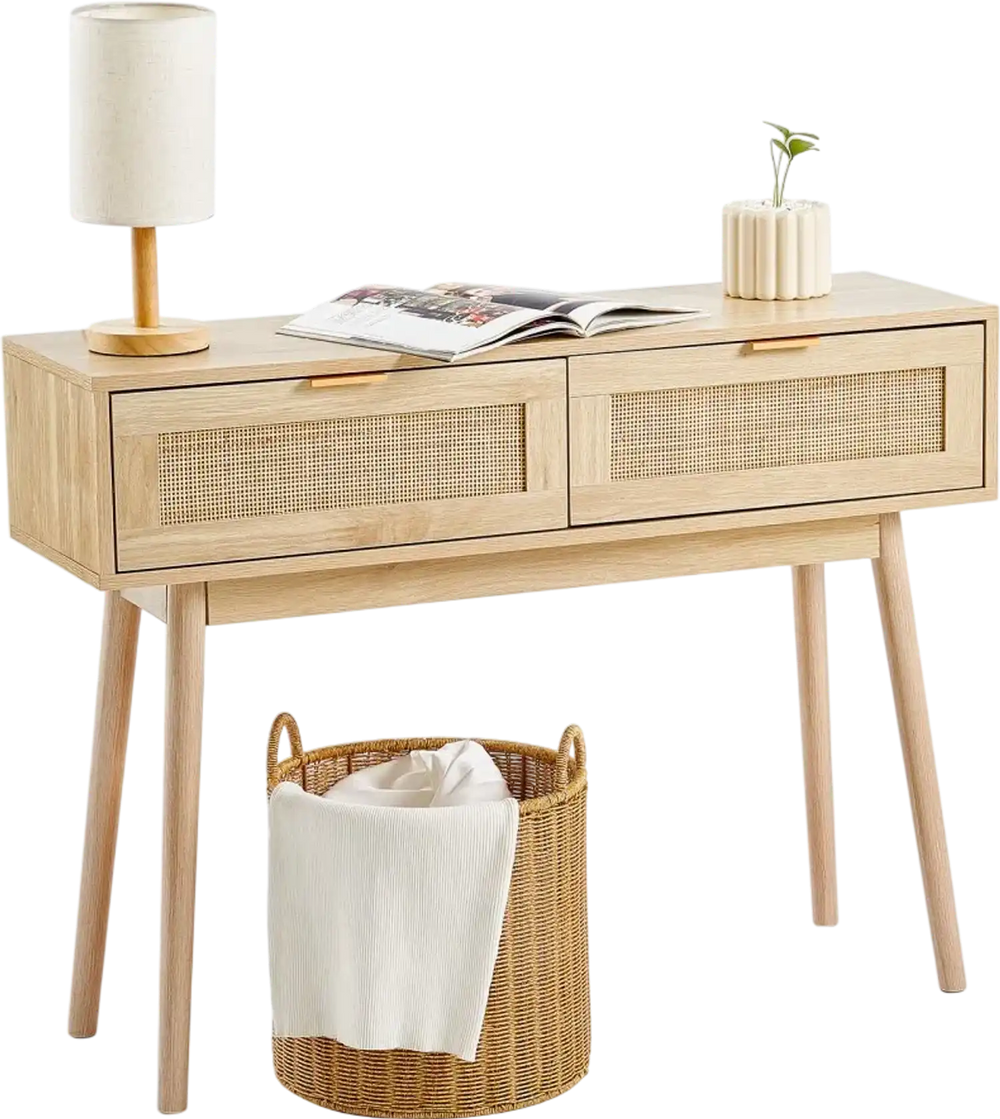 VEVOR Rattan Console Table with 2 Storage Drawers, Rattan Entryway Table with Natural Rattan Sliding Door, Console Sofa Table for Living Room, Study, Entryway Or TV Wall, Natural