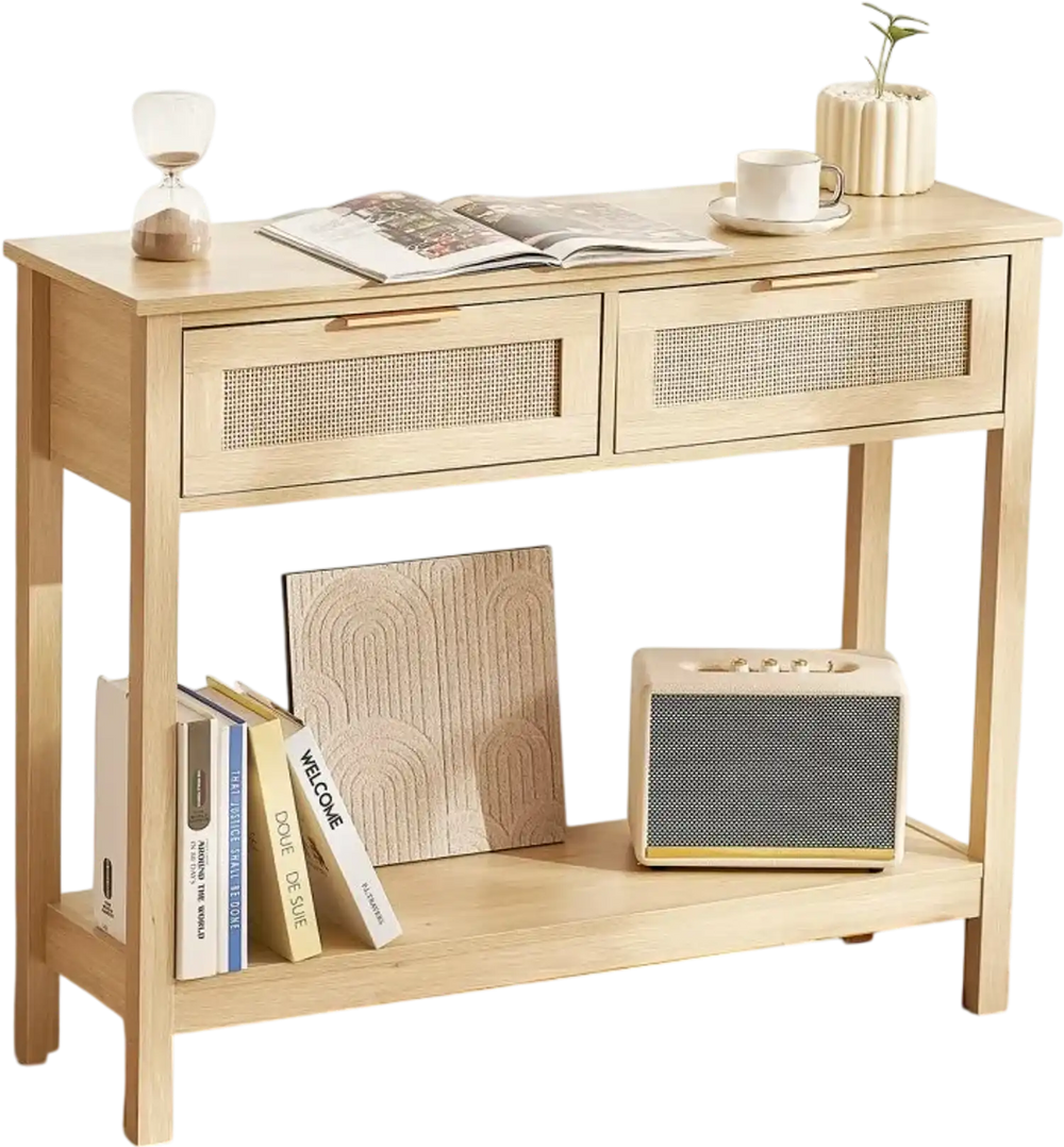 VEVOR Rattan Console Table with 2 Storage Drawers, Rattan Entryway Table with Natural Rattan Sliding Door, Console Sofa Table for Living Room, Study, Entryway Or TV Wall, Natural