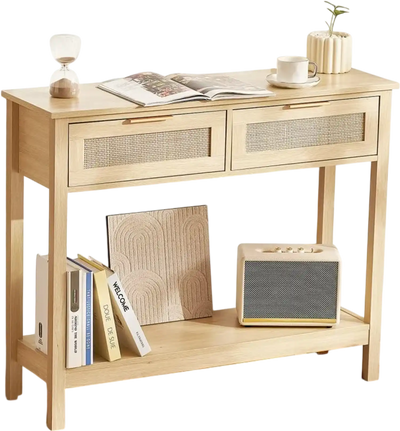 VEVOR Rattan Console Table with 2 Storage Drawers, Rattan Entryway Table with Natural Rattan Sliding Door, Console Sofa Table for Living Room, Study, Entryway Or TV Wall, Natural
