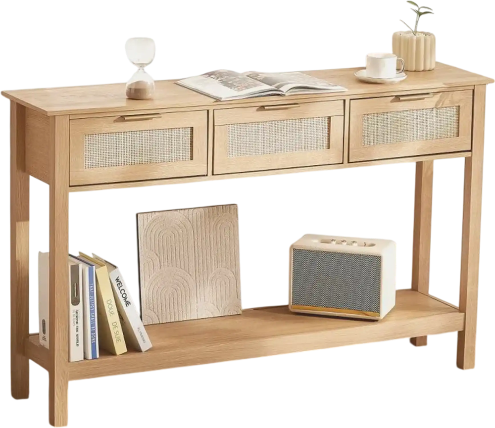 VEVOR Rattan Console Table with 3 Storage Drawers, Rattan Entryway Table with Natural Rattan Sliding Door, Console Sofa Table for Living Room, Study, Entryway Or TV Wall, Natural