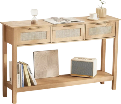 VEVOR Rattan Console Table with 3 Storage Drawers, Rattan Entryway Table with Natural Rattan Sliding Door, Console Sofa Table for Living Room, Study, Entryway Or TV Wall, Natural