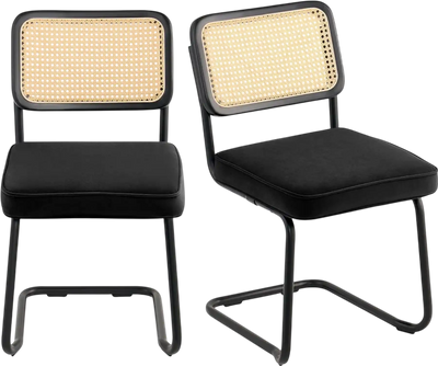 VEVOR Rattan Dining Chairs Set  of 2, Mid Century Modern Dining Chair, Upholstered Velvet Accent Chair with Rattan Back, Retro Dining Room Kitchen Chair for Living Room, Bedroom, Office (18.1 Inch)