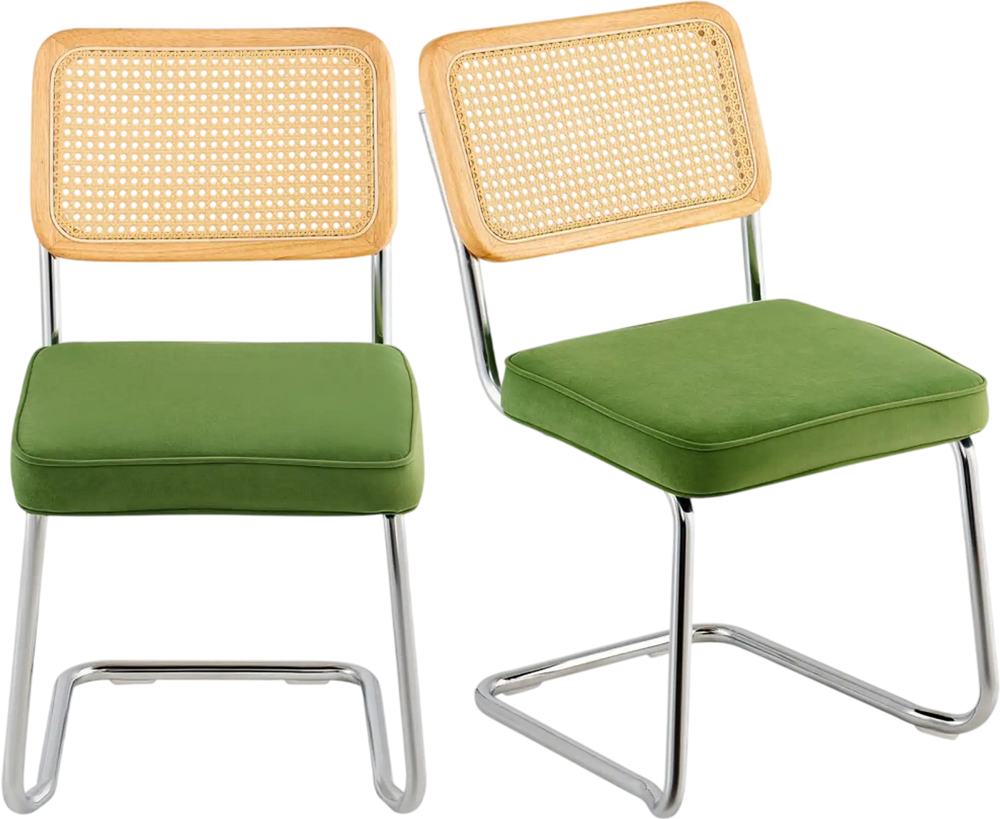 VEVOR Rattan Dining Chairs Set of 2, Mid Century Modern Dining Chair, Upholstered Velvet Accent Chair with Rattan Back, Retro Dining Room Kitchen Chair for Living Room, Bedroom, Office (18.1 Inch)