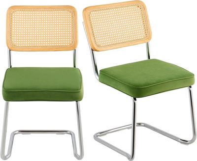 Vevor Dining Chairs Set of 2 Mid-Century Modern Rattan Back Velvet Accent Chairs Green New