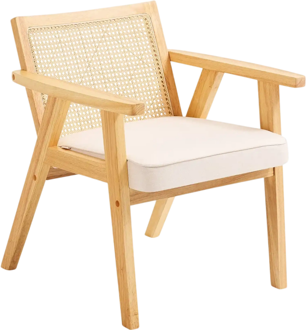 VEVOR Mid Century Modern Rattan Chair, Upholstered Velvet Accent Chair with Rattan Back, Retro Living Room Chair for Living Room, Bedroom, Reading Room, and Office, Beige