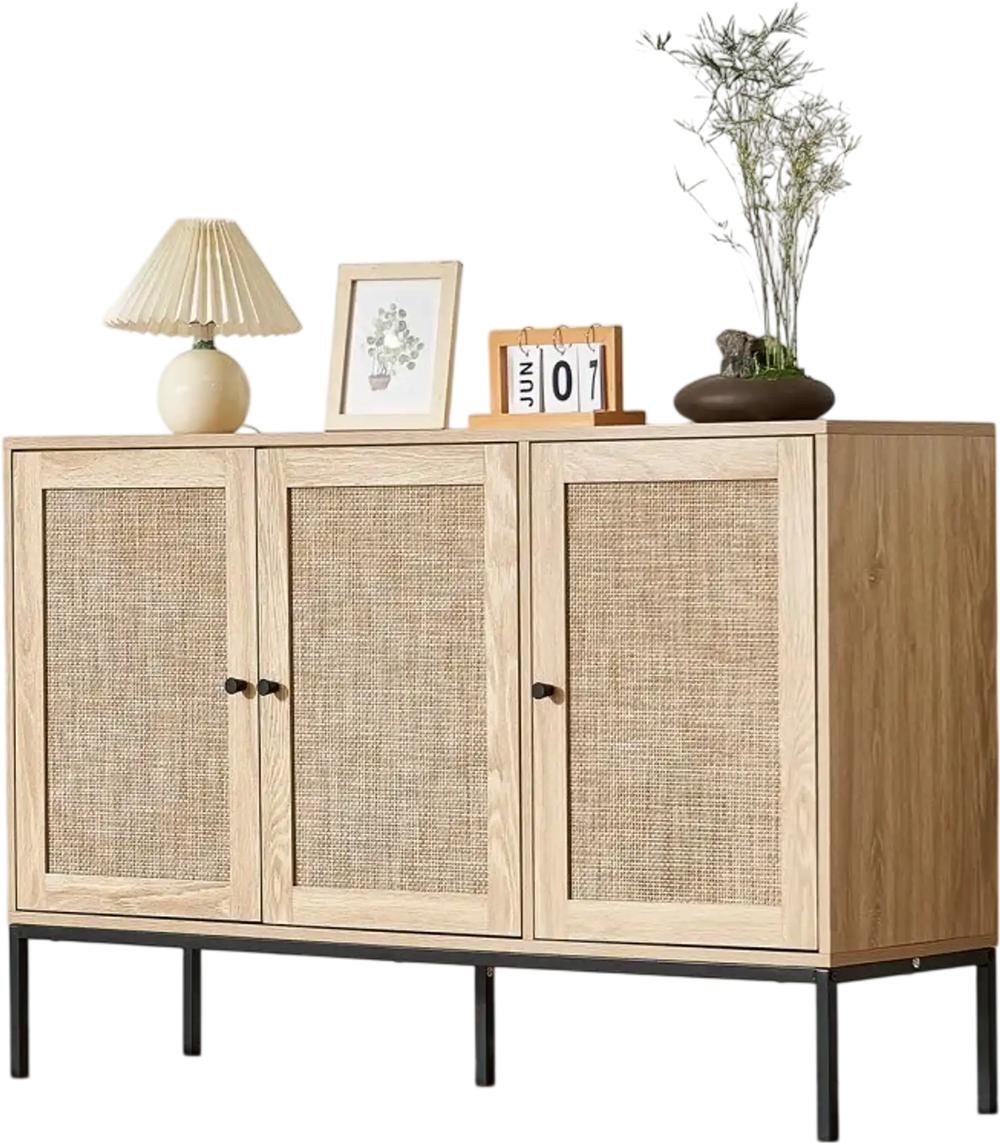 VEVOR Rattan Cabinet, Rattan Storage Cabinet with 3 Magnetic Doors and Adjustable Shelves, Sideboard Buffet Cabinet for Hallway, Entryway, Living Room, or Kitchen, Natural