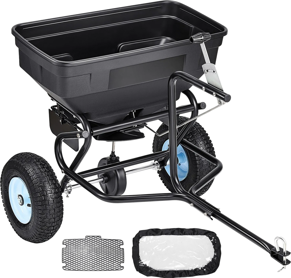 VEVOR Tow Behind Broadcast Spreader, 130LBS Capacity, Tow/Push Garden Spreader with 13 in Tires, 30 Adjustable Setting & 9.8 ft Spreading Width, Lawn Spreaders for Seed, Fertilizer, Salt, Ice Melt