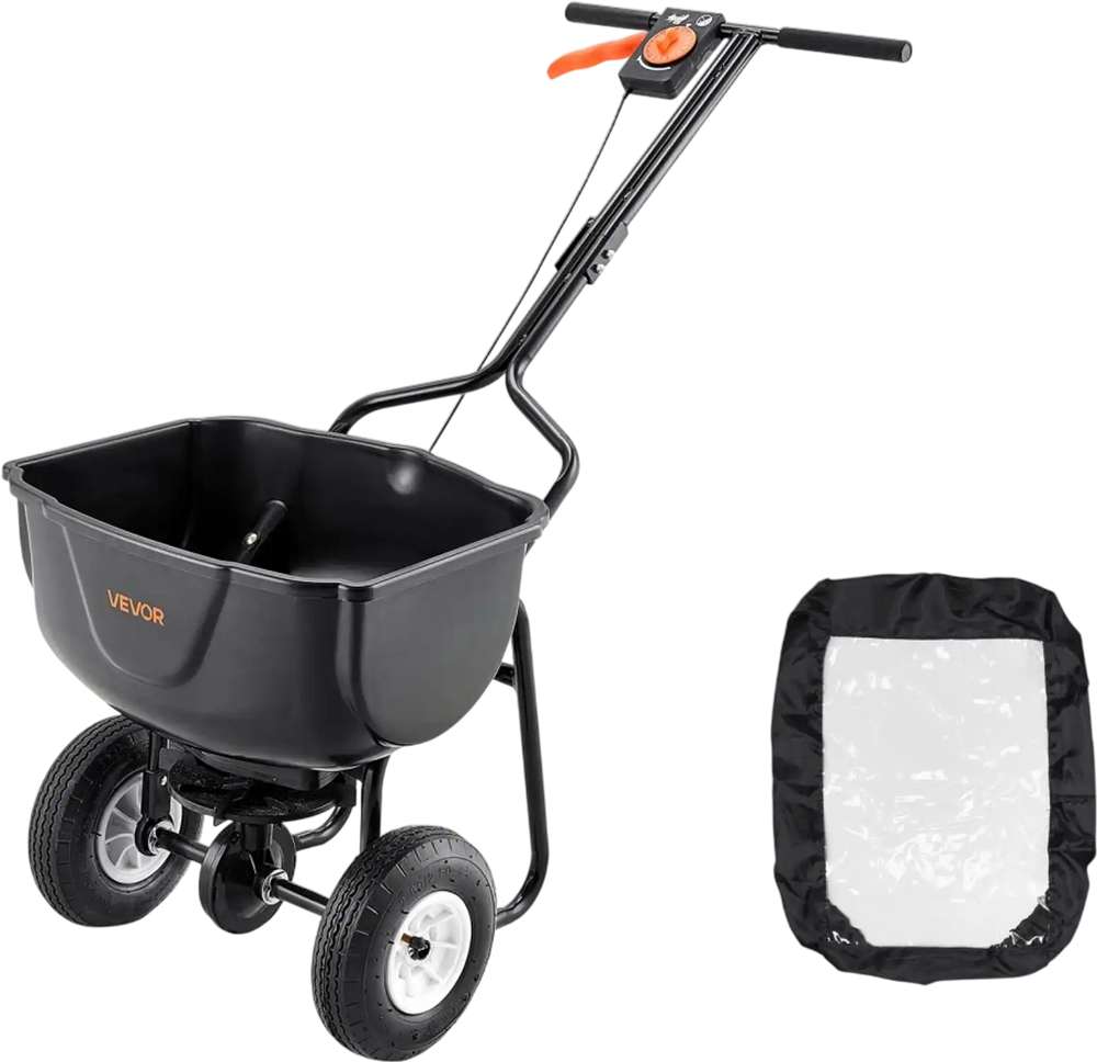VEVOR Walk Behind Spreader, 60LBS Capacity, Push Spreader with Hopper Grate, 0-9.8 ft Spreading Width, 8 in All Terrain Pneumatic Tires, Garden & Lawn Broadcast Spreaders, for Seed, Fertilizer