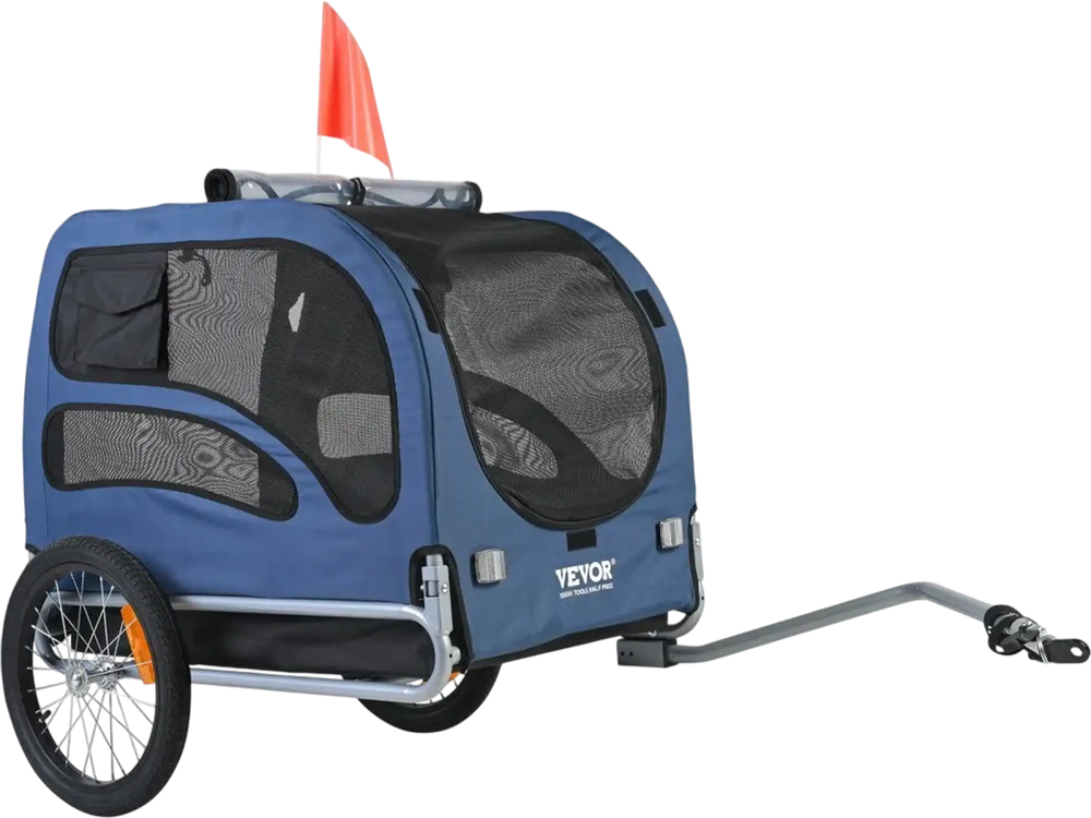 VEVOR Dog Bike Trailer, Supports up to 100 lbs, Pet Cart Bicycle Carrier, Easy Folding Frame with Quick Release Wheels, Universal Bicycle Coupler, Reflectors, Flag, Collapsible to Store, Blue/Black