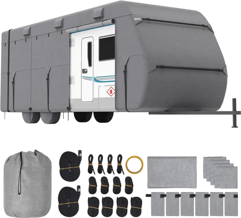 VEVOR Travel Trailer Cover, 24-27 ft RV Cover, 4-Layer Non-Woven Fabric Camper Cover, Waterproof, Windproof and Rip-Stop Class A RV Cover, with Storage Bag, Repair Patches, Straps and Tire Covers
