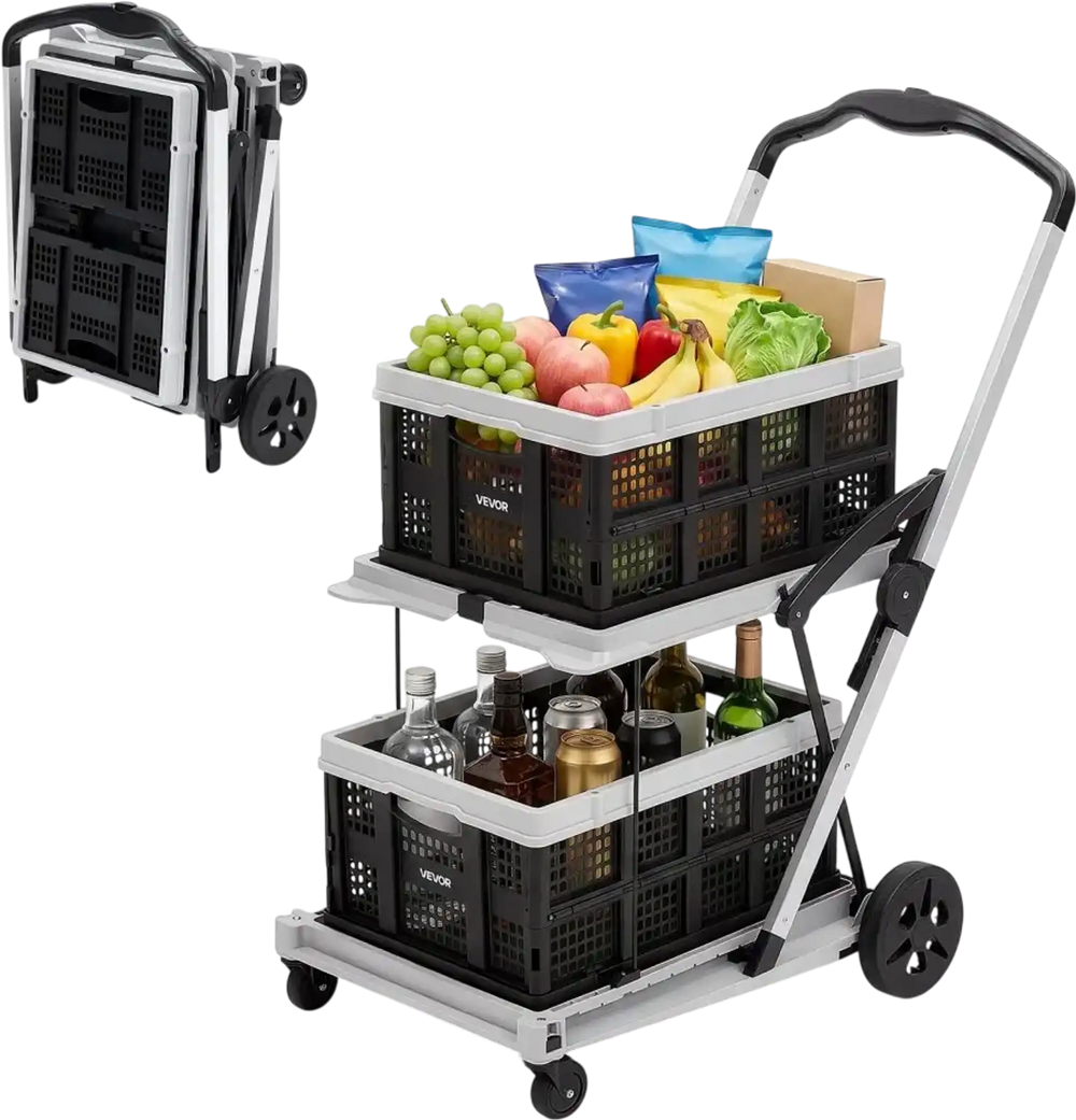 VEVOR Collapsible Shopping Cart with Wheels Foldable for Grocery Black Gray, 200lbs Capacity Rolling Utility Cart, Storage Crate & Foot Brake, Portable Folding for Groceries, Warehouse, Supermarket