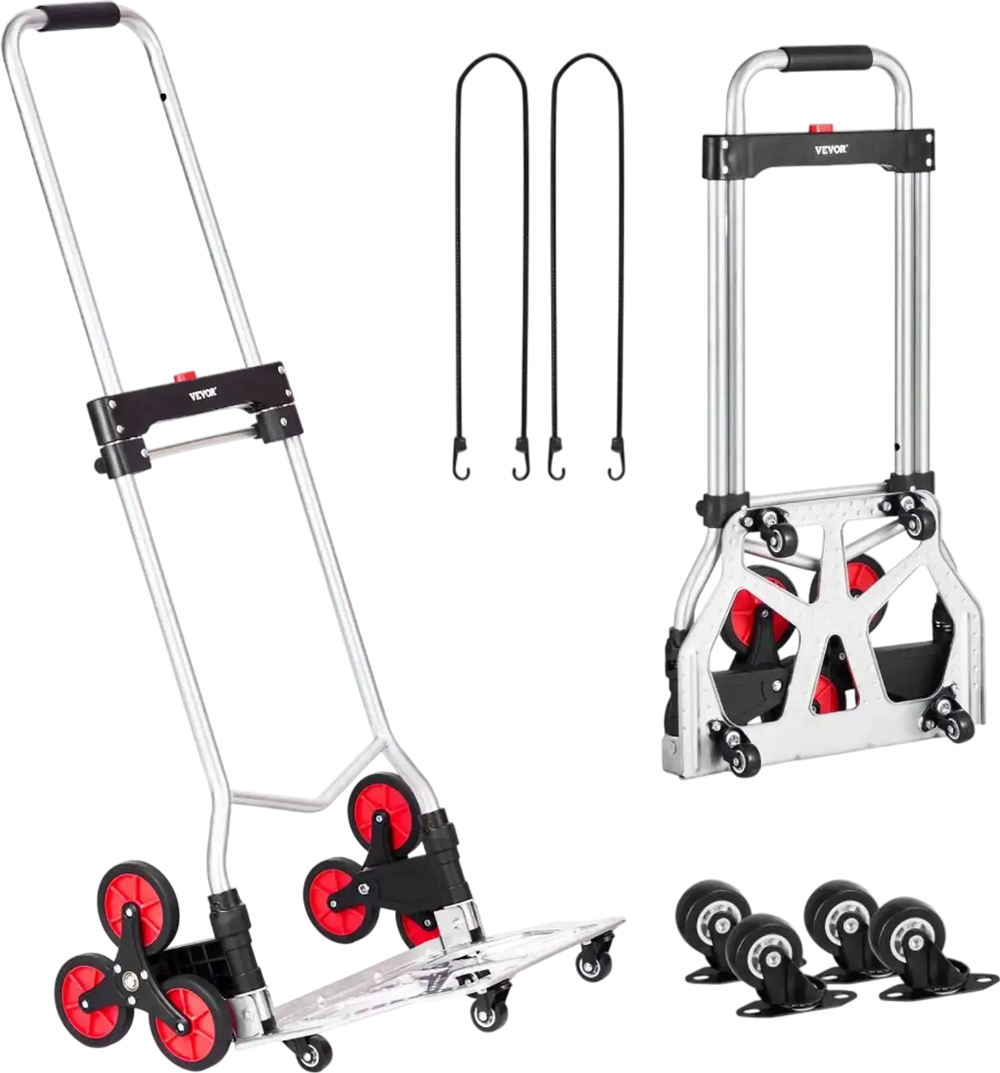 VEVOR Stair Climbing Cart, 260 lbs Capacity Stair Climber Hand Truck and Dolly, Heavy-Duty Folding Trolley Cart with Telescoping Handle, 10 Wheels & 2 Elastic Ropes for Home Shopping Moving Warehouse