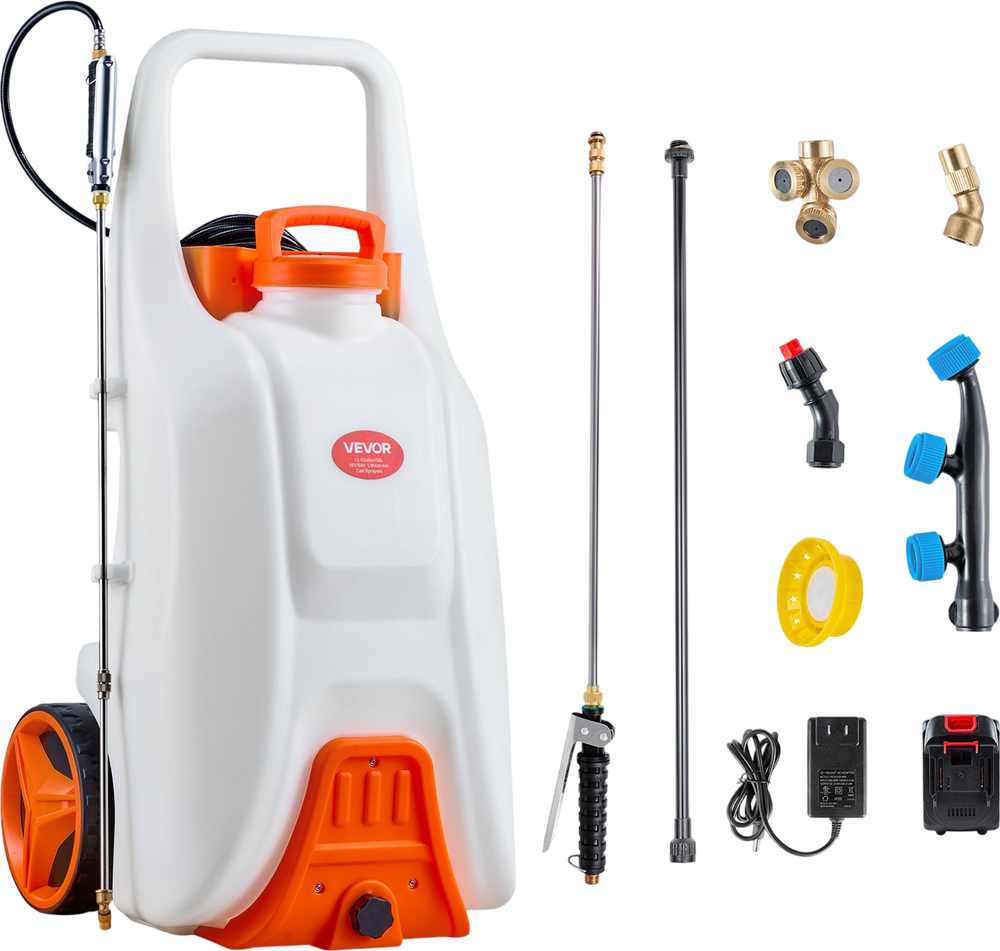 VEVOR Battery-Powered Sprayer with Wheeled Cart, 13.1 Gallons Electric Weed Sprayer, Adjustable 0-80 PSI, Yard Lawn Sprayers with Wheels, 5 Nozzles & 98ft Hose, 3-6H Spray Time, for Weeding, Cleaning