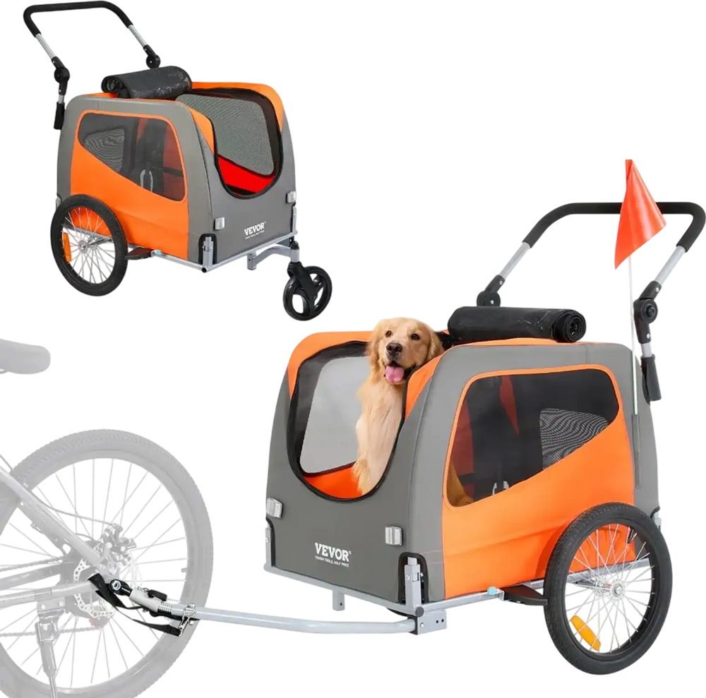 VEVOR Dog Bike Trailer, Supports up to 66 lbs, 2-in-1 Pet Stroller Cart Bicycle Carrier, Easy Folding Cart Frame with Quick Release Wheels, Universal Bicycle Coupler, Reflectors, Flag, Orange/Gray