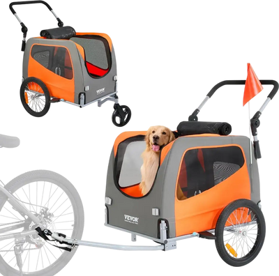 VEVOR Dog Bike Trailer, Supports up to 66 lbs, 2-in-1 Pet Stroller Cart Bicycle Carrier, Easy Folding Cart Frame with Quick Release Wheels, Universal Bicycle Coupler, Reflectors, Flag, Orange/Gray
