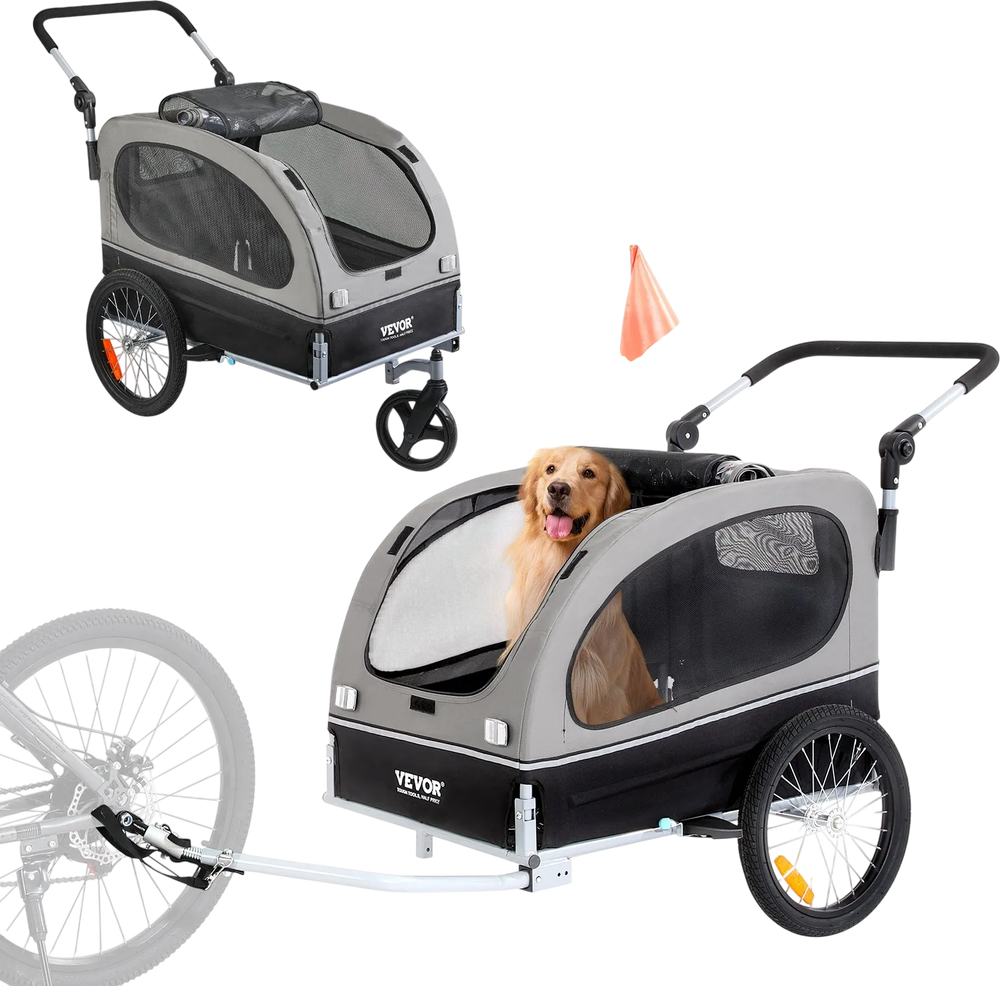 VEVOR Dog Bike Trailer, Supports up to 88 lbs, 2-in-1 Pet Stroller Cart Bicycle Carrier, Easy Folding Cart Frame with Quick Release Wheels, Universal Bicycle Coupler, Reflectors, Flag, Black/Gray