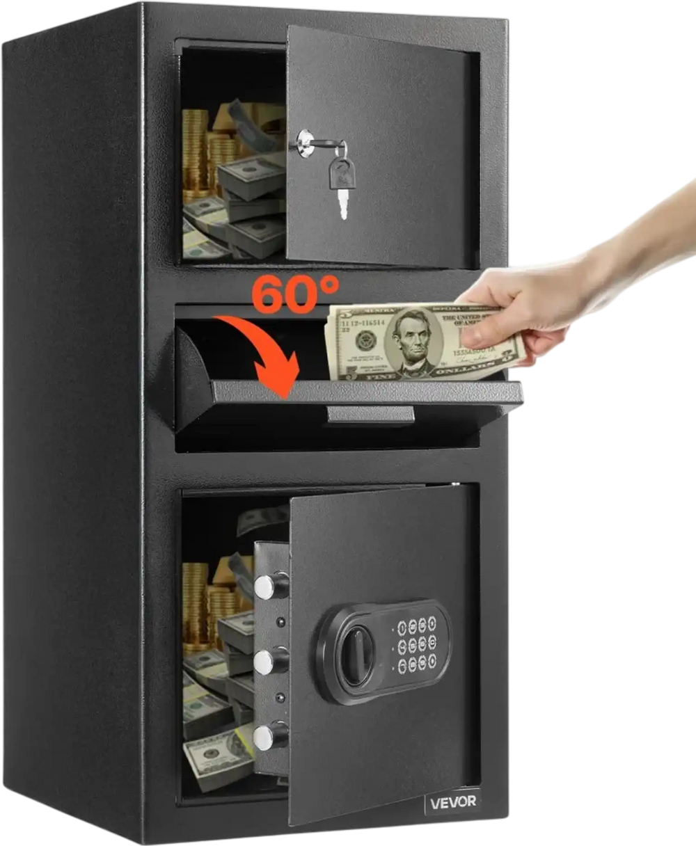 VEVOR 3.6 Cubic Feet Drop Safe, Large Capacity Front Drop Slot Safe Box with Digital Keypad, Heavy Duty 3 Tiers Cash Depository Box with Spare Keys for Cash, Bank Slip, Jewelry, Document, Bill, Black