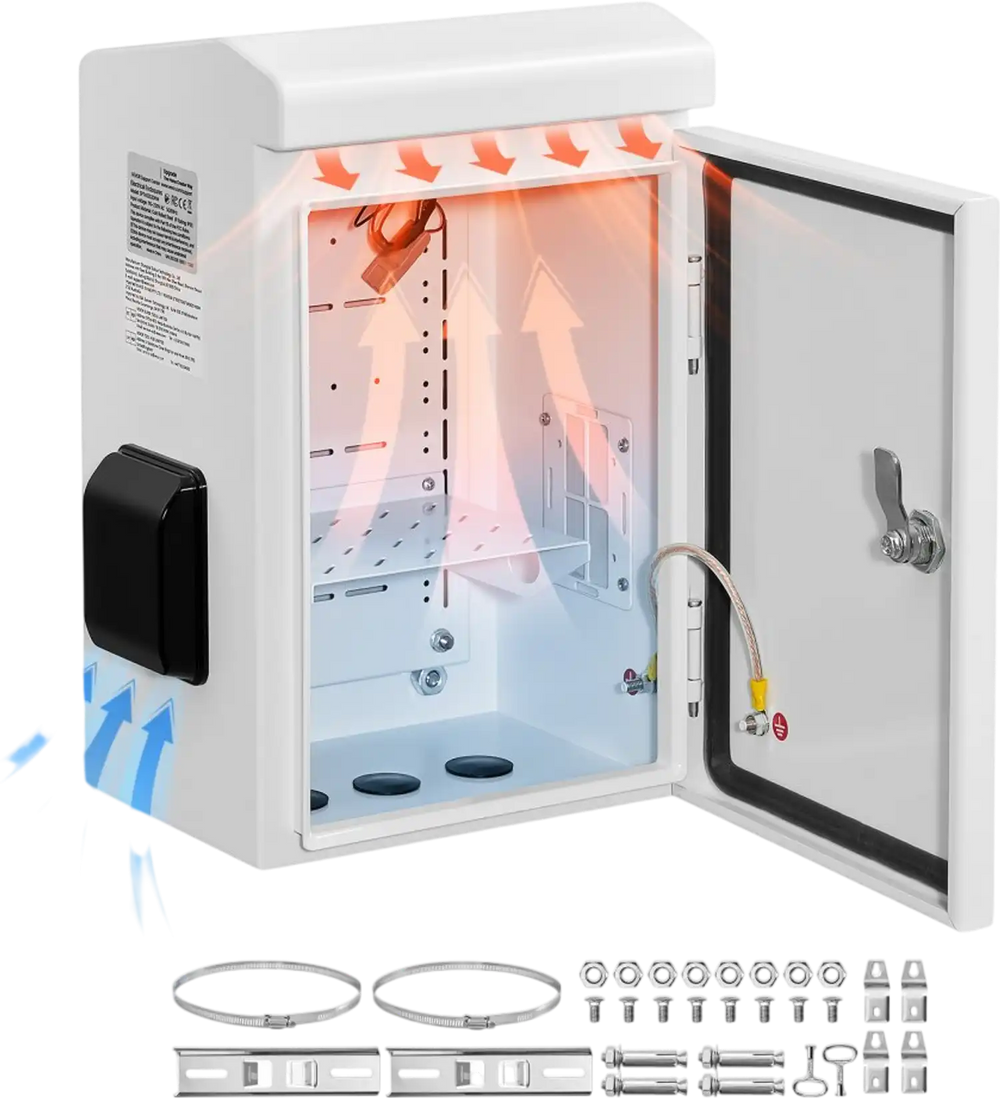 VEVOR Outdoor Electrical Box, Cold-Rolled Steel, Electrical Junction Box with Thermostat and Fan, Rain Hood, Ventilated Design, IP65 Waterproof Hinged Enclosure, Wall/Pole Mounted, 16 x 12 x 8 in