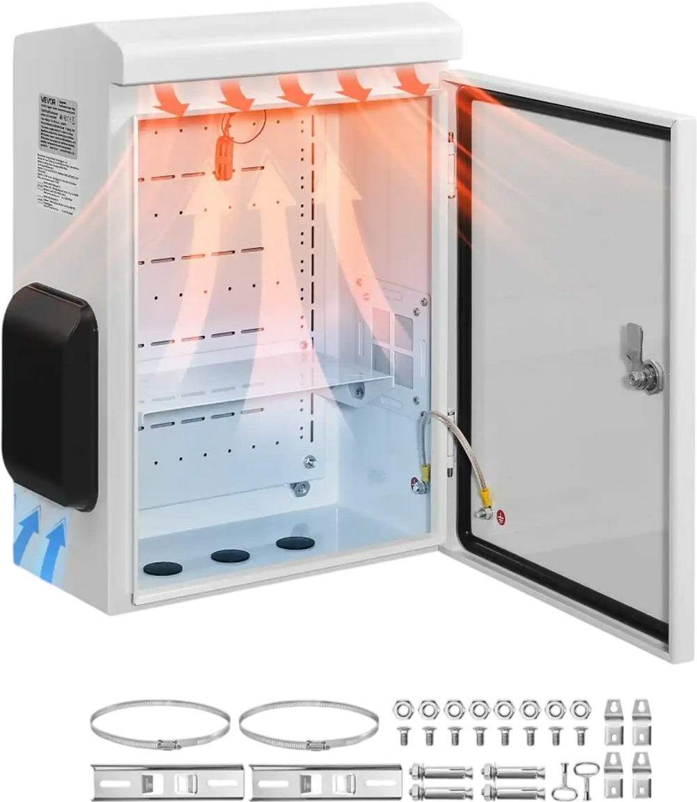 VEVOR Outdoor Electrical Box, Cold-Rolled Steel, Electrical Junction Box with Thermostat and Fan, Rain Hood, Ventilated Design, IP65 Waterproof Hinged Enclosure, Wall/Pole Mounted, 20 x 16 x 8 in