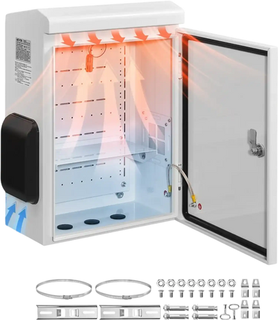 VEVOR Outdoor Electrical Box, Cold-Rolled Steel, Electrical Junction Box with Thermostat and Fan, Rain Hood, Ventilated Design, IP65 Waterproof Hinged Enclosure, Wall/Pole Mounted, 20 x 16 x 8 in