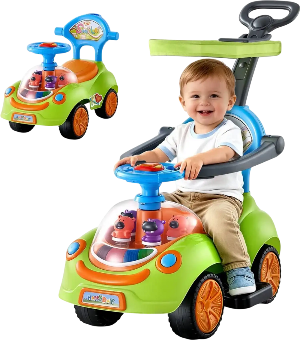 VEVOR Ride On Push Car for Toddler 19+ Months Sit-to-Stand Push Car Handle, for Boys Girls, Around Buggy with Guardrails, Detachable Canopy, Music & Light & Storage, Detachable Back,Indoor Outdoor