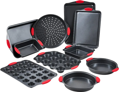 VEVOR Baking Pans Set, 10-Piece, Nonstick Carbon Steel Cookware Sheets & Trays, Stackable Kitchen Oven Bakeware Cooking Sets with Silicone Handles, Easy to Clean, for Baking Cookie Cake Muffin Bread