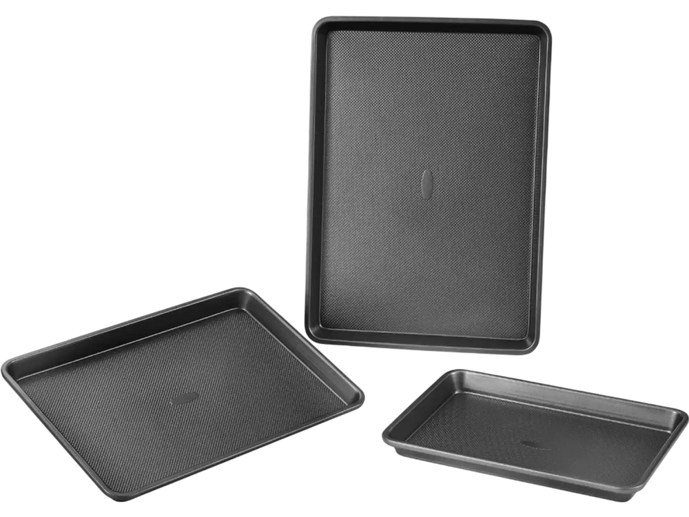 VEVOR Baking Pans Set, 3-Piece, Nonstick Carbon Steel Cookware Sheets & Trays, Stackable Kitchen Oven Bakeware Cooking Sets with Silicone Handles, Easy to Clean, for Baking Cookie Cake Muffin Bread