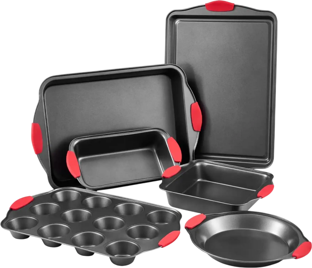 VEVOR Baking Pans Set, 6-Piece, Nonstick Carbon Steel Cookware Sheets & Trays, Stackable Kitchen Oven Bakeware Cooking Sets with Silicone Handles, Easy to Clean, for Baking Cookie Cake Muffin Bread