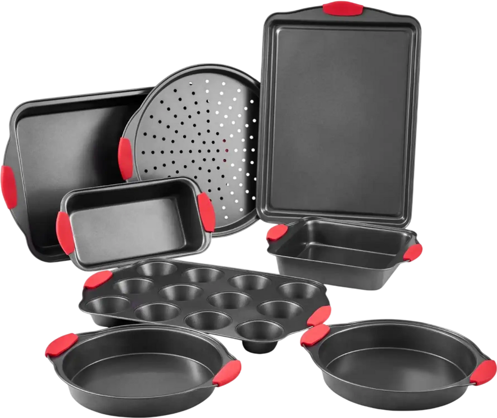 VEVOR Baking Pans Set, 8-Piece, Nonstick Carbon Steel Cookware Sheets & Trays, Stackable Kitchen Oven Bakeware Cooking Sets with Silicone Handles, Easy to Clean, for Baking Cookie Cake Muffin Bread