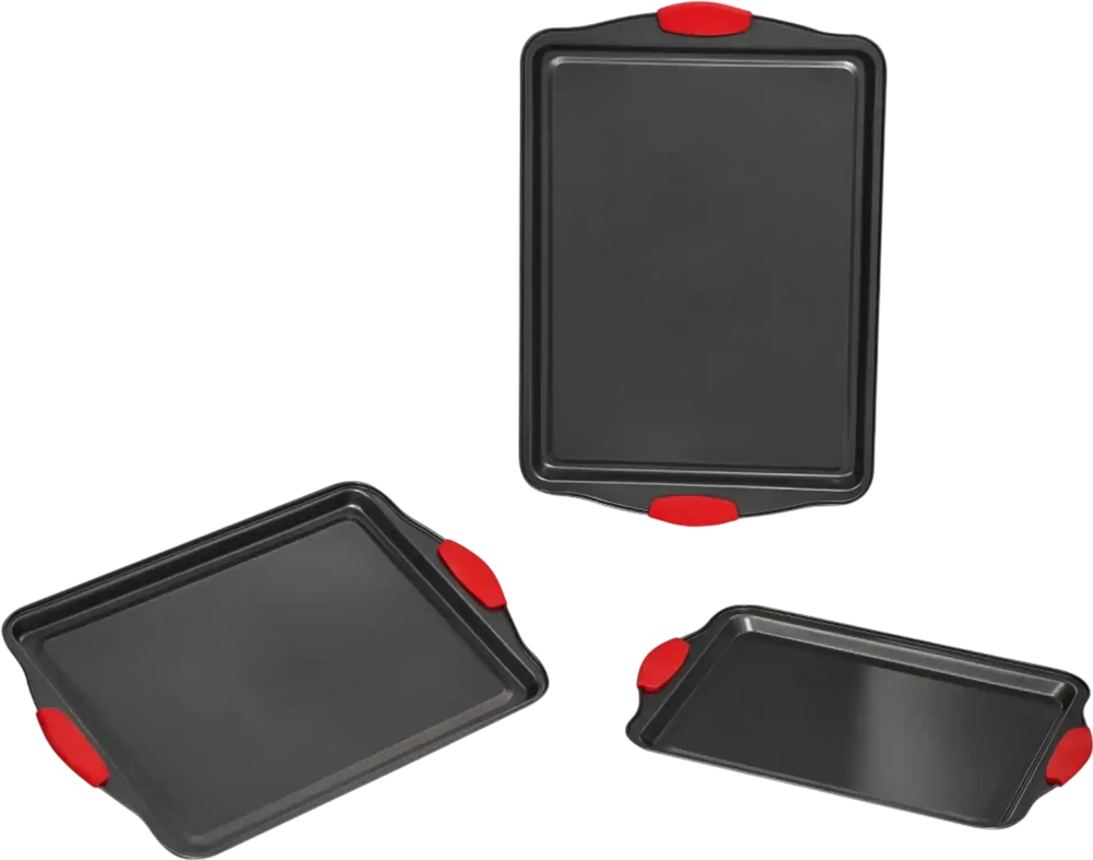 VEVOR Baking Pans Set, 3-Piece, Nonstick Carbon Steel Cookware Sheets & Trays, Stackable Kitchen Oven Bakeware Cooking Sets with Silicone Handles, Easy to Clean, for Baking Cookie Cake Muffin Bread