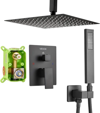 VEVOR Shower Faucet Set, Rainfall Bathroom Shower System with 12-Inch Square Rain Shower Head and Handheld Spray, Ceiling Mount Bath Fixtures with Brass Valve and Trim Kit, Matte Black