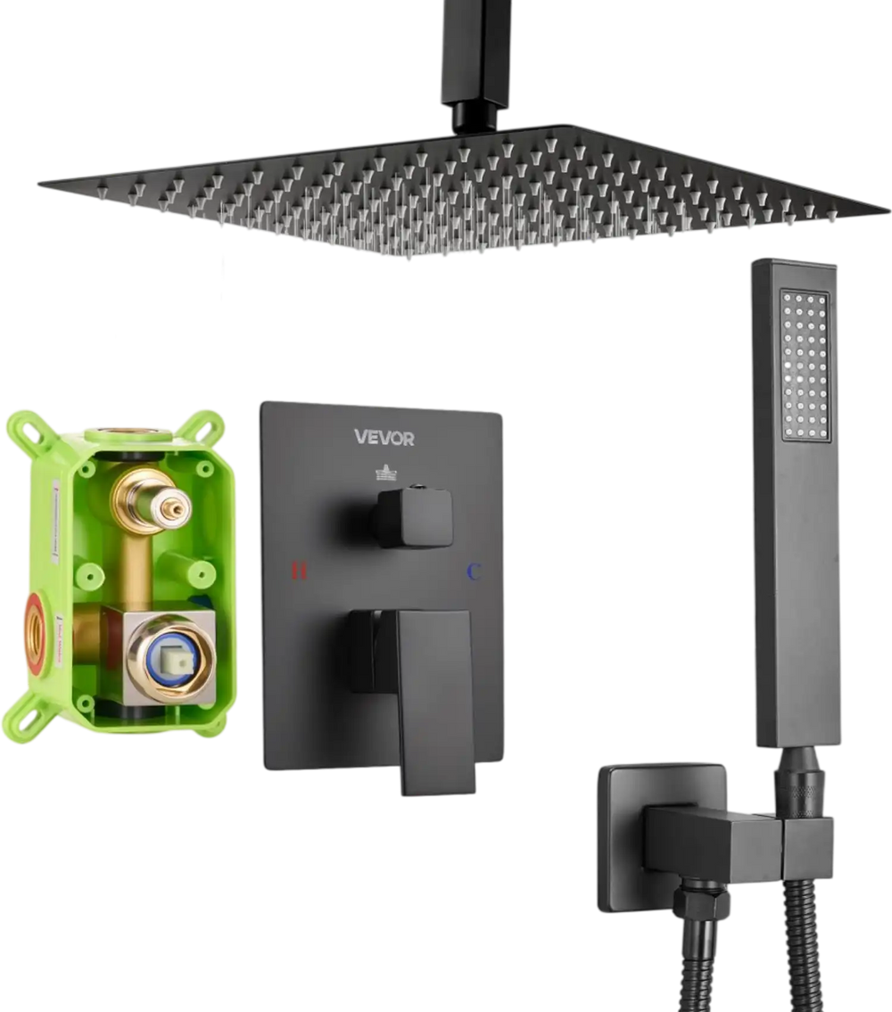 VEVOR Shower Faucet Set, Rainfall Bathroom Shower System with 10-Inch Square Rain Shower Head and Handheld Spray, Ceiling Mount Bath Fixtures with Brass Valve and Trim Kit, Matte Black