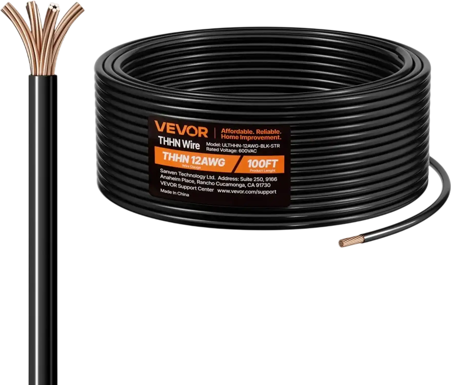 Vevor THHN Wire 12 AWG 19-Stranded Black 100' 600V New