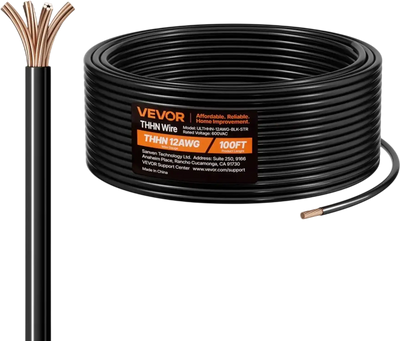 VEVOR 12 AWG THHN Wire, 19-Stranded, 100% OFC Copper Electrical Building Wire with Nylon Jacket, Rated for Up to 600 Volts, for Indoor Outdoor Use, Commercial, Industrial, Residential, Black (100 ft)