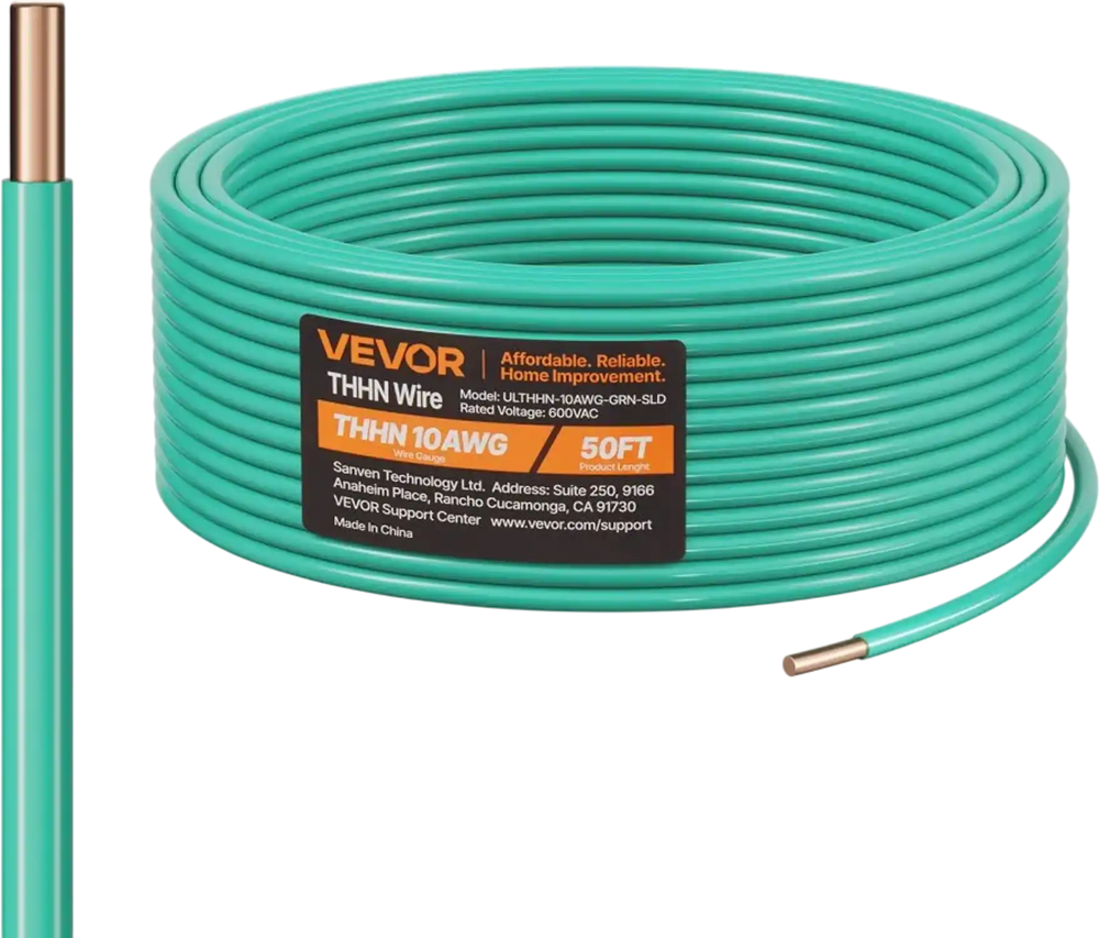 VEVOR 10 AWG Solid THHN Wire, 100% OFC Copper Electrical Building Wire with Nylon Jacket PVC Insulation, Rated for Up to 600 Volts, Heavy-Duty for Residential, Industrial, Commercial, Green (50 Feet)