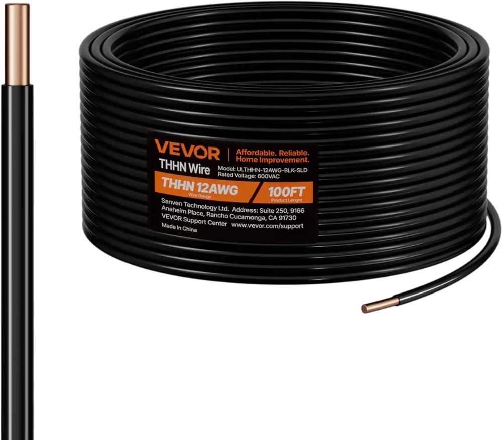 VEVOR 12 AWG Solid THHN Wire, 100% OFC Copper Electrical Building Wire with Nylon Jacket PVC Insulation, Rated for Up to 600 Volts, Heavy-Duty for Residential, Industrial, Commercial, Black (100 Feet)