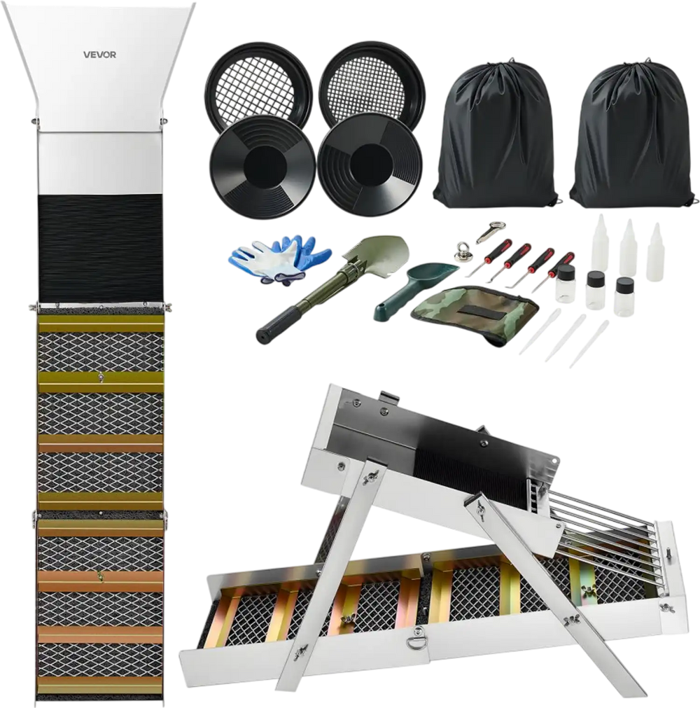 VEVOR Highbanker Gold Panning Kit, 50" 3-in-1 Folding High Banker Gold Sluice Box, 26 PCS Portable Mining Equipment Prospecting Kit with Gold Pans, Classifier Screen, Magnet, Backpack, and Accessories