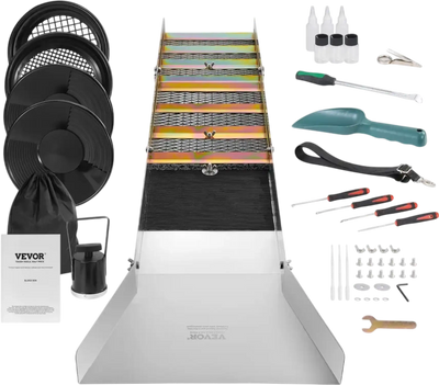 VEVOR Folding Sluice Box Gold Panning Kit,  50 Inch 23pc Gold Prospecting Equipment Kit with Gold Pan, Classifier Screen, Separating Magnet, Backpack and More