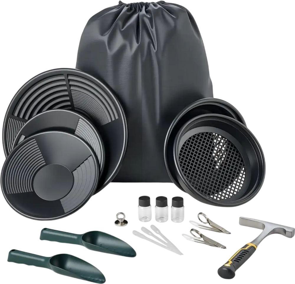 VEVOR Gold Panning Kit, 10 in and 14 in Pans, 19 PCS Portable Prospecting Equipment Kit with Classifier Sieves, Sand Magnet, Rock Pick, Scoops, Backpack, and Accessories, for Outdoor Gold Recovery