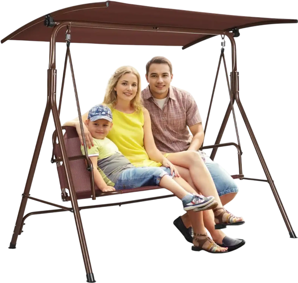 VEVOR 3-Person Patio Swing Chair, Outdoor Patio Swing with Adjustable Canopy, Porch Swing with Armrests, Teslin Fabric and Alloy Steel Frame, for Balcony, Backyard, Patio, Garden, Poolside, Brown