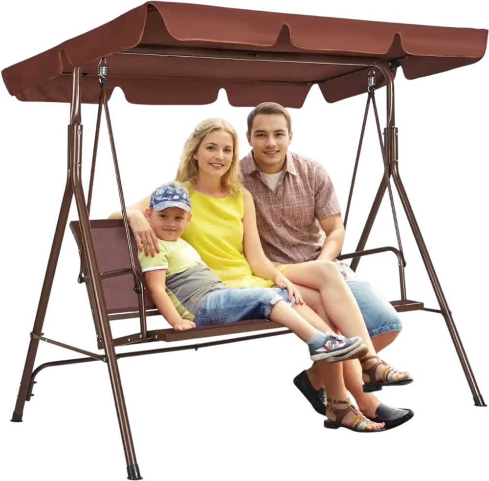 VEVOR 3-Seat Patio Swing Chair, Outdoor Patio Swing with Adjustable Canopy, Porch Swing with Armrests, Teslin Fabric and Alloy Steel Frame, for Balcony, Backyard, Patio, Garden, Poolside, Brown